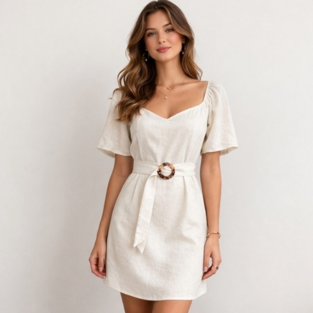 Cottagecore White Linen Mini Dress Puff Short Sleeve Belted Sweetheart Neck 8